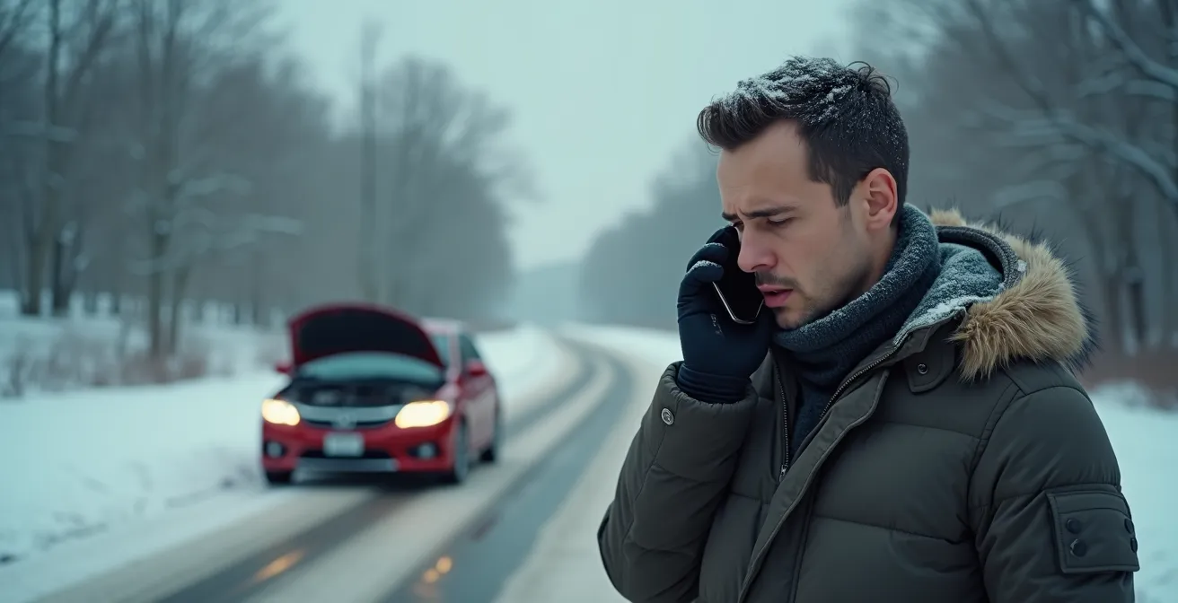 Conducteur au téléphone près de sa voiture immobilisée dans un environnement neigeux