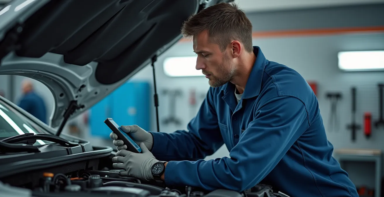 Mécanicien professionnel inspectant le compartiment moteur d'un véhicule hybride moderne dans un atelier lumineux