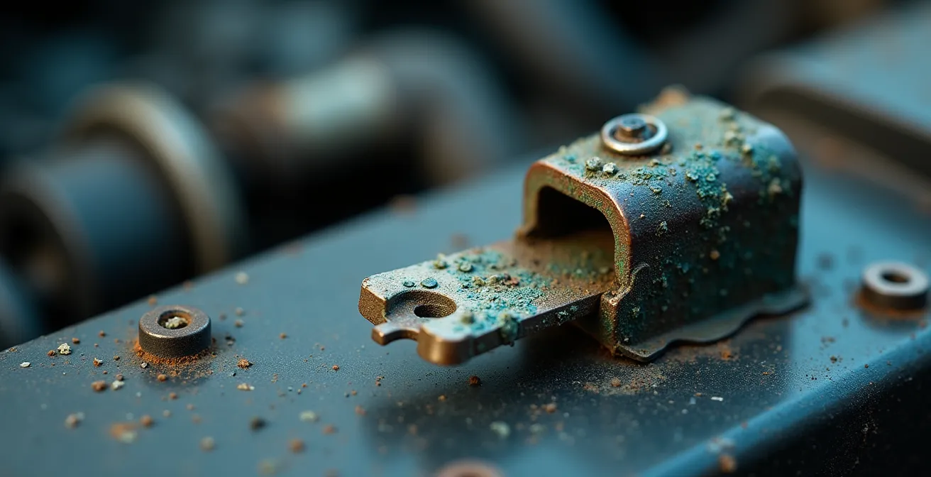 Vue macro détaillée montrant les traces de sulfatation et corrosion sur les bornes d'une batterie automobile